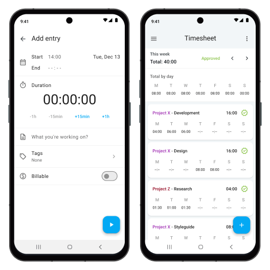 Mobile timesheet app screenshot for iOS and Android