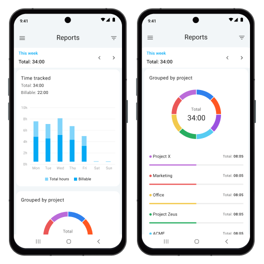 Android time tracking app screenshot of reports