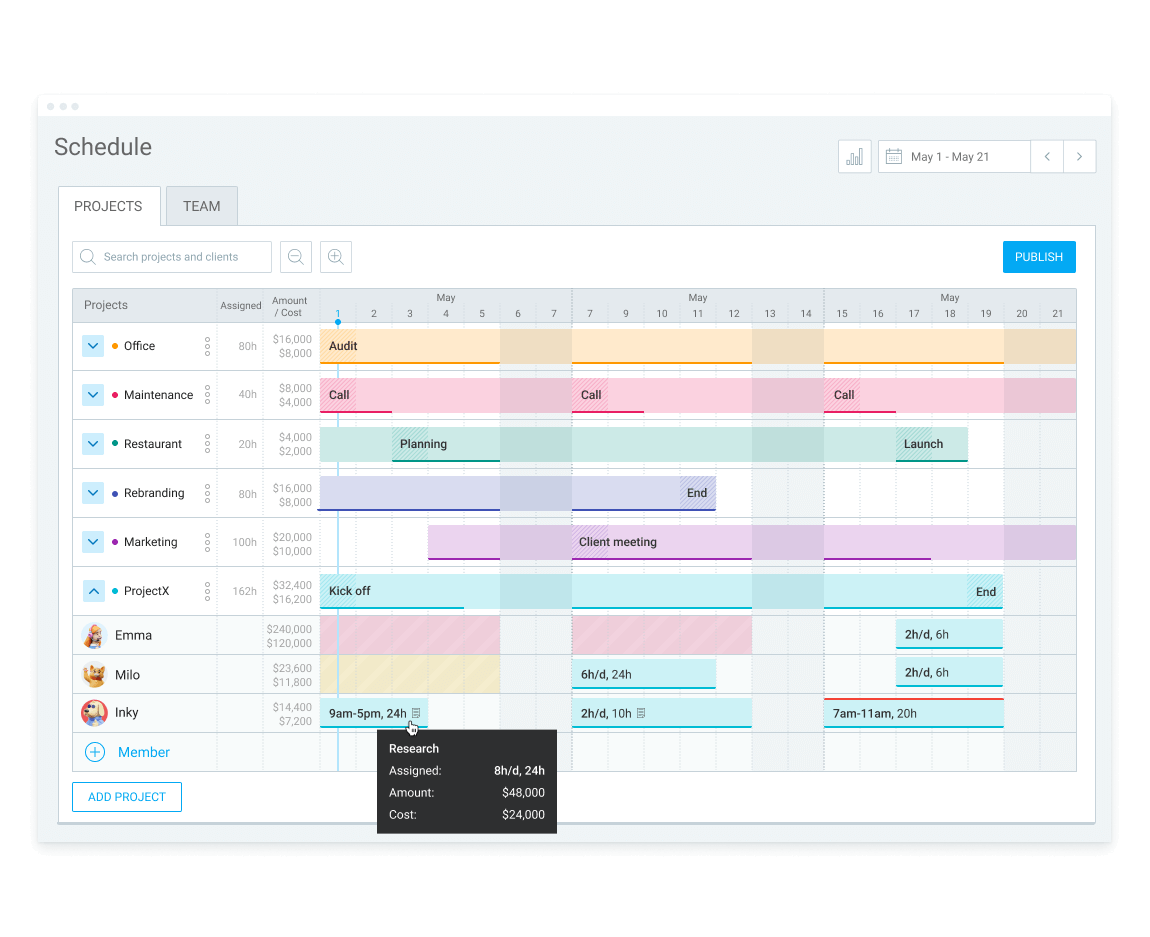 Project and team scheduling feature in Clockify (screenshot)