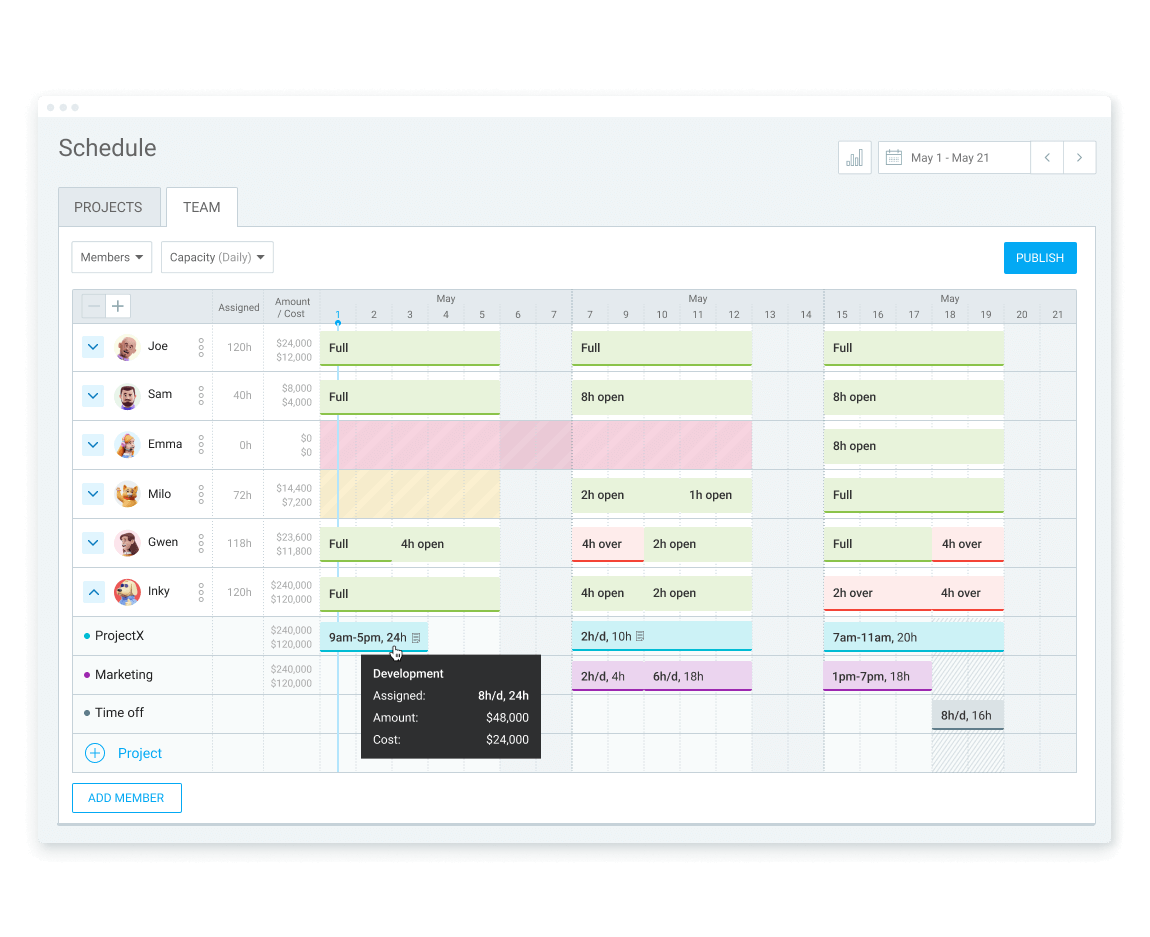 Función de planificación en Clockify (captura de pantalla)