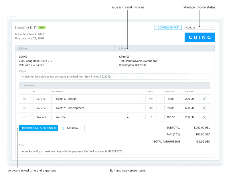 Seguimiento de tiempo para consultores de empresas y gestión con facturación, captura de pantalla