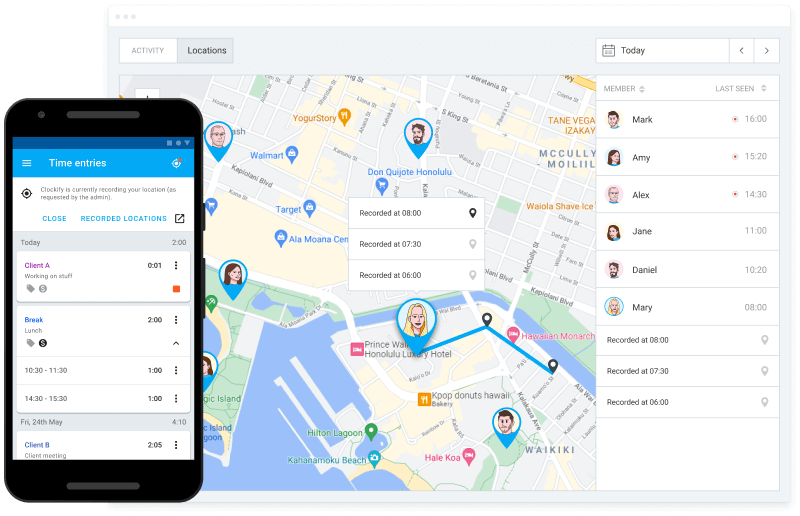 Función de rastreo GPS tracking en Clockify (captura de pantalla)