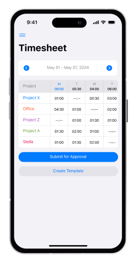 iPhone time tracking app screenshot of timesheet mode