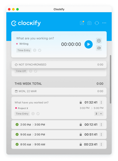 Mac time tracking app screenshot of timer