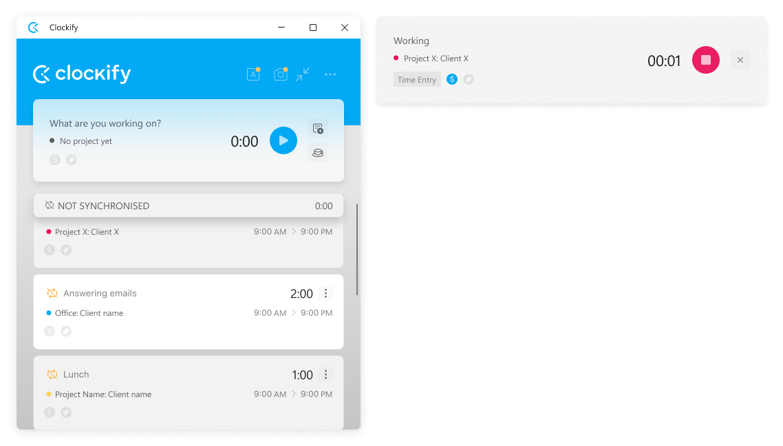 Windows time tracking app screenshot of time entries